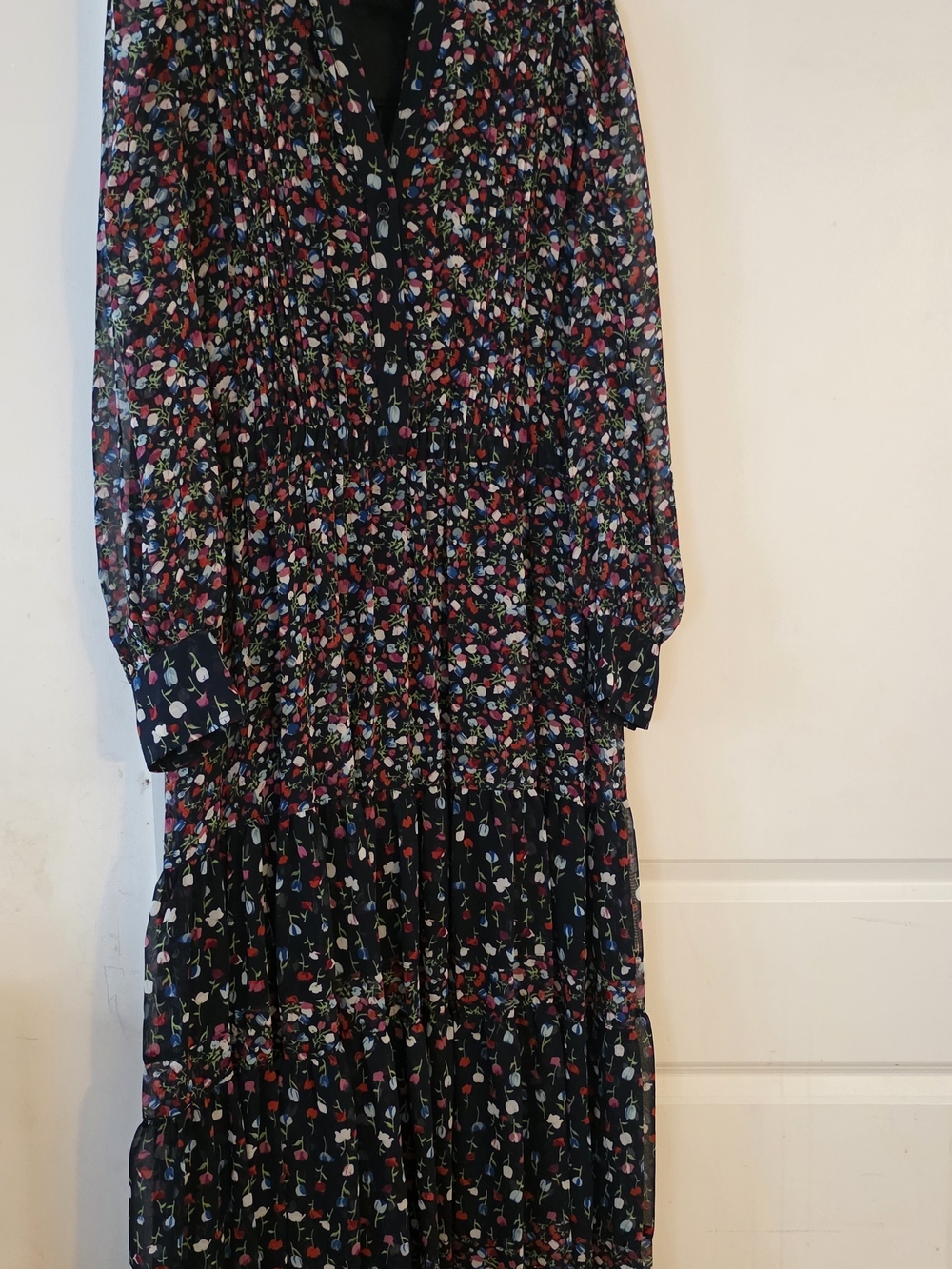 Mango Black Floral Tiered Long-Sleeve Women Dress